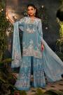 Soft Sky Blue Crepe Silk Printed & Embellished Sharara Kurta Set