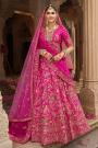Magenta Pink Silk Embroidered Lehenga Set With 2 Net Dupattas