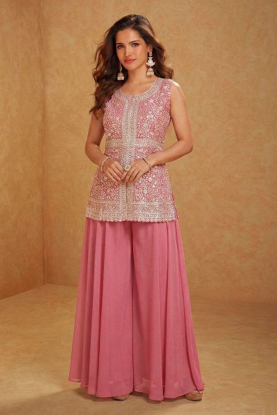 Blush Pink Georgette Embroidered Top & Palazzo Set With Dupatta