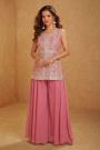 Blush Pink Georgette Embroidered Top & Palazzo Set With Dupatta