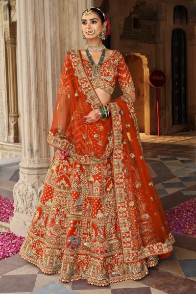 Burnt Orange Silk Embroidered Lehenga Set With 2 Net Dupattas