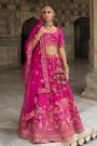 Magenta Pink Silk Embroidered Lehenga Set With 2 Net Dupatta