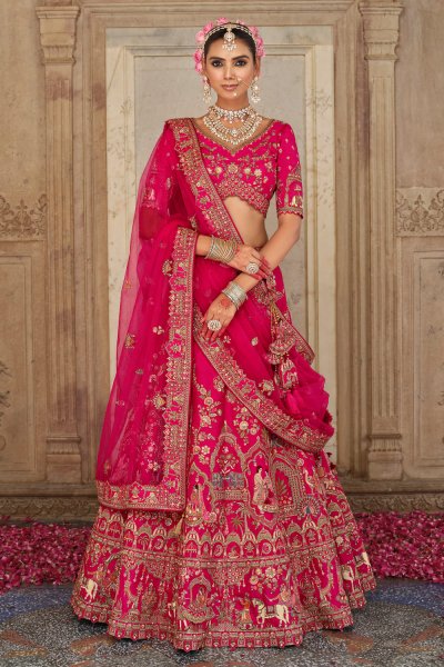 Red Pink Silk Embroidered Lehenga Set With 2 Net Dupatta