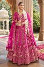 Magenta Pink Silk Embroidered Lehenga Set With 2 Net Dupatta
