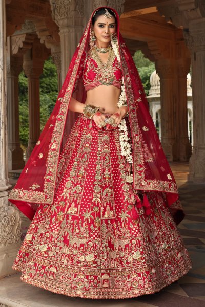 Red Silk Embroidered Lehenga Set With 2 Net Dupatta