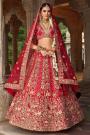 Red Silk Embroidered Lehenga Set With 2 Net Dupatta