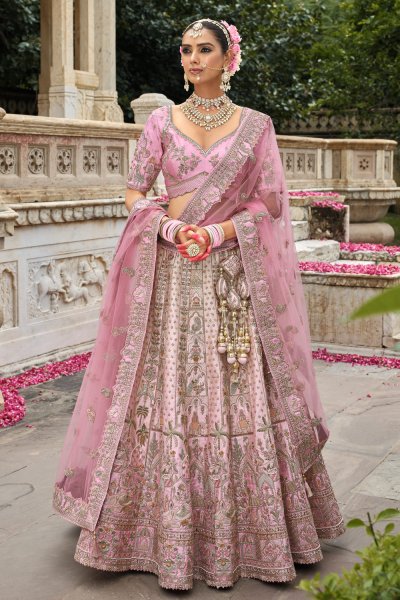 Soft Pink Silk Embroidered Lehenga Set With 2 Net Dupattas