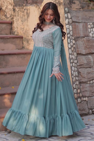 Sky Blue Georgette Embroidered Anarkali Dress With Dupatta