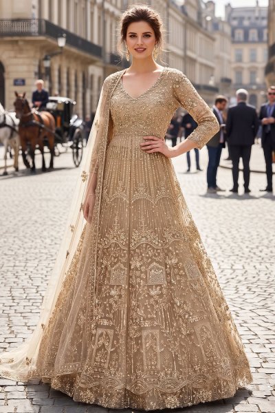 Champagne Gold Net Embroidered Anarkali With Skirt & Dupatta