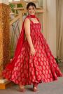 Red Muslin Cotton Printed Anarkali Style Kurta Set
