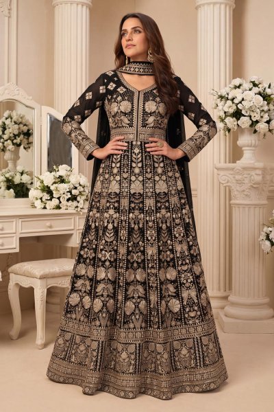 Black Georgette Embroidered Anarkali Dress With Dupatta