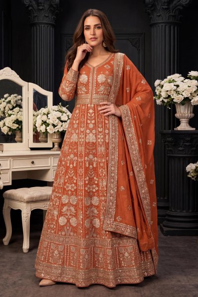Burnt Orange Georgette Embroidered Anarkali Dress With Dupatta