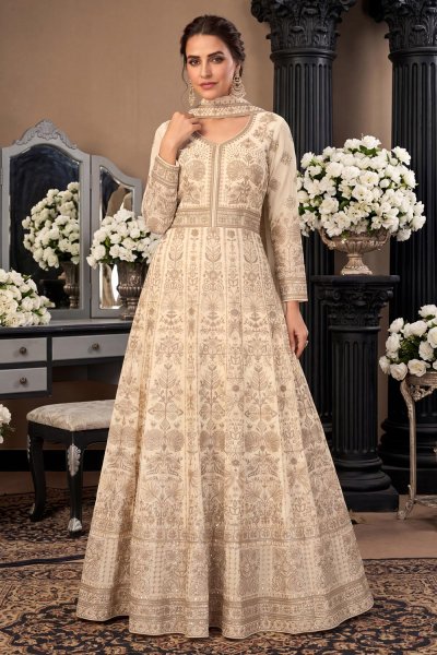 Ivory Georgette Embroidered Anarkali Dress With Dupatta