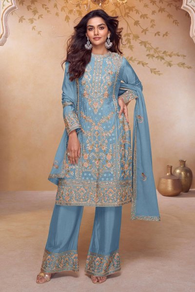 Turquoise Blue Chinon Silk Hand Embroidered Kurta Set Turquoise Blue Chinon Silk Hand Embroidered Kurta Set