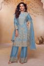 Turquoise Blue Chinon Silk Hand Embroidered Kurta Set