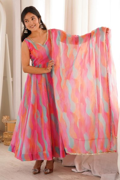 Multicolor Organza Silk Printed & Embroidered Anarkali Set