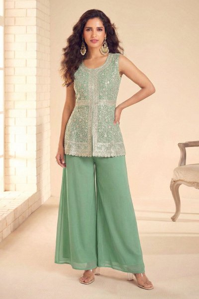 Mint Green Georgette Embroidered Top & Palazzo Set With Dupatta