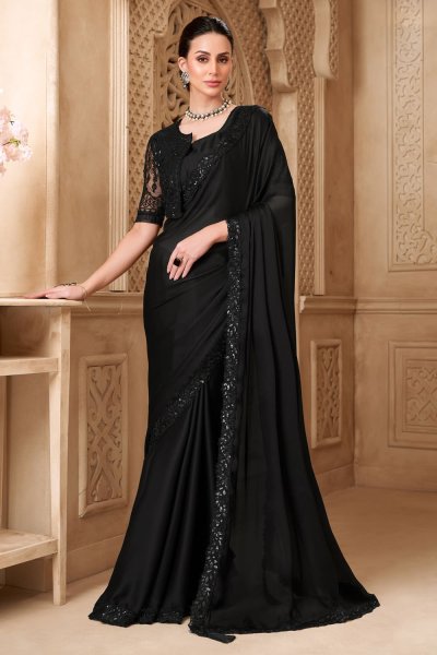 Black Satin Georgette Embroidered Saree With Jacket Blouse