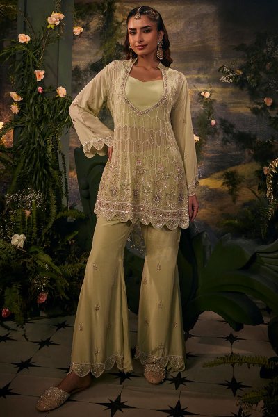 Soft Mint Crepe Silk Hand Embroidered Kurta & Palazzo Set