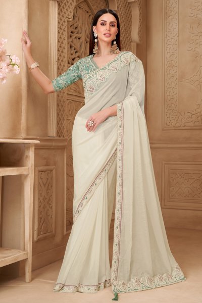 White Georgette Silk Embroidered Saree With Blouse