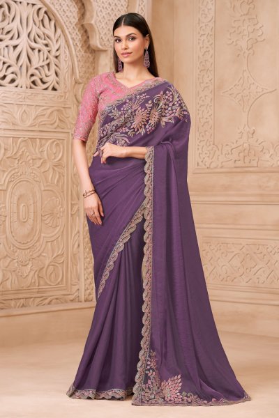Mauve Georgette Embroidered Saree With Blouse