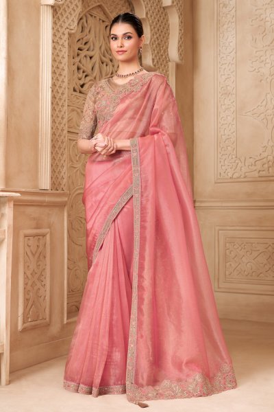 Blush Peach Tissue Silk Georgette Embroidered Saree With Blouse
