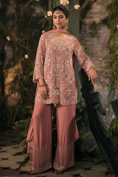 Peach Pink Chinon Silk Embroidered Jaal work Kurta Set