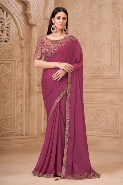 Wine Georgette Embroidered Saree With Blouse