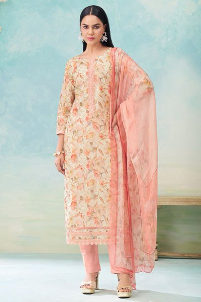 Peach Cotton Printed & Lace Worked Kurta Set
