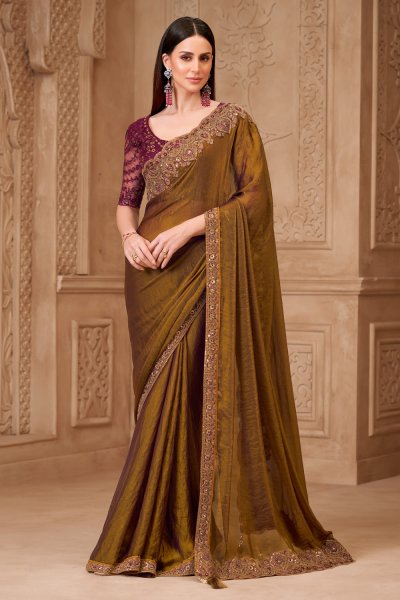 Mustard Green Satin Georgette Embroidered Saree With Blouse