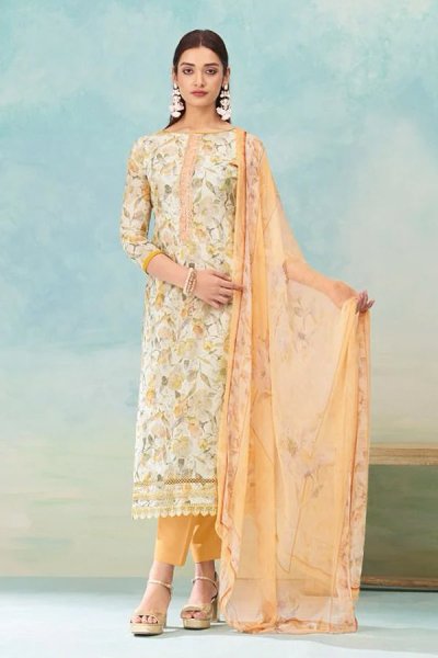 Yellow Cotton Printed & Lace Worked Kurta Set