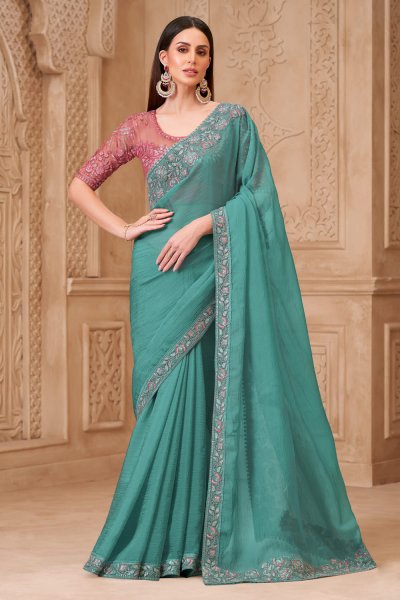 Turquoise Blue Satin Georgette Embroidered Saree With Blouse