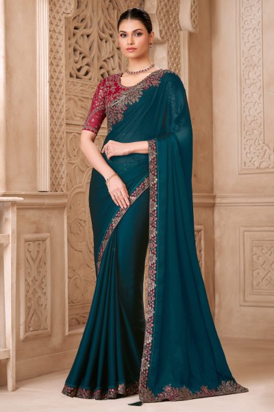 Teal Blue Satin Georgette Embroidered Saree With Blouse