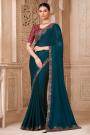 Teal Blue Satin Georgette Embroidered Saree With Blouse