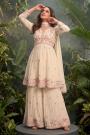Ivory Chinon Silk Embroidered Pleated Peplum Kurta With Sharara & Dupatta