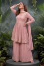Blush Pink Chinon Silk Embroidered Pleated Peplum Kurta With Sharara & Dupatta