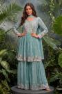 Soft Blue Chinon Silk Embroidered Pleated Peplum Kurta With Sharara & Dupatta
