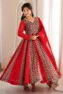 Red Panelled Printed Georgette Anarkali Set