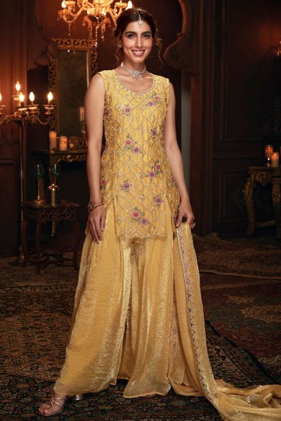 Mustard Yellow Organza Silk Embroidered Top & Palazzo Set With Dupatta