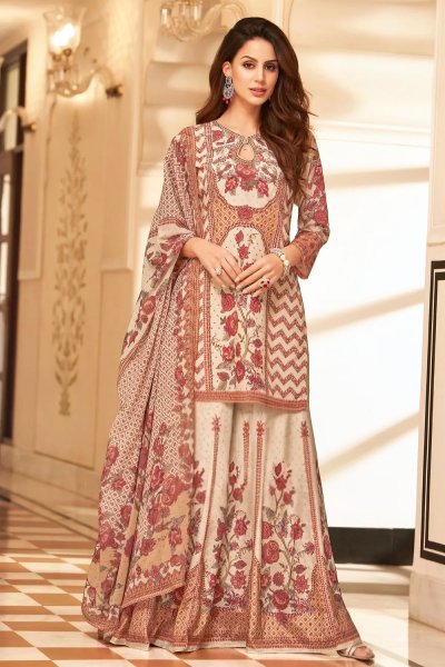 Ivory Printed & Crystal Detailed Crepe Silk Sharara Kurta Set