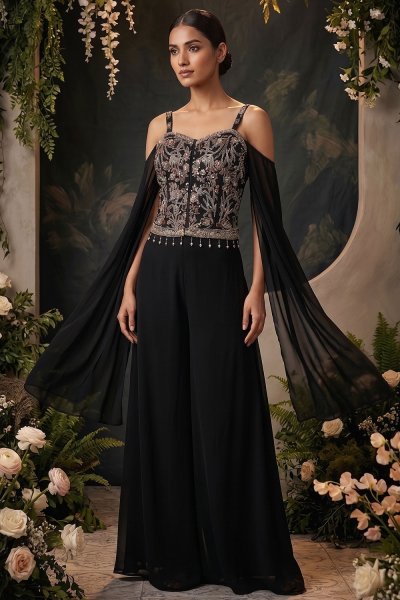 Black Georgette Embroidered Top With Palazzo & Choker Dupatta