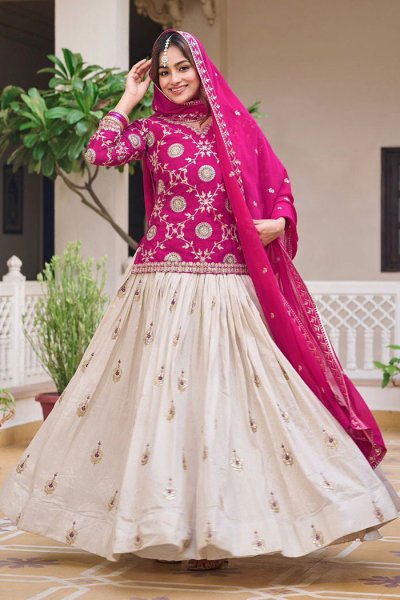 Magenta & Ivory Embroidered Chinon Silk Long Kurti Lehenga Set Magenta & Ivory Embroidered Chinon Silk Long Kurti Lehenga Set