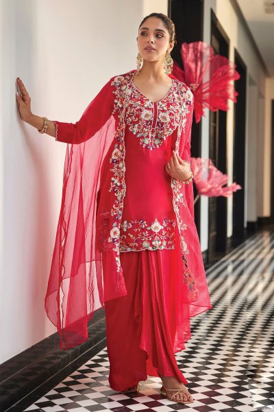 Magenta Pink Crepe Silk Embroidered Kurta With Dhoti Skirt & Shrug