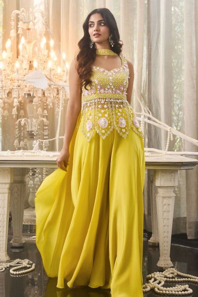Yellow Net & Crepe Silk Hand Embroidered Top & Palazzo With Dupatta
