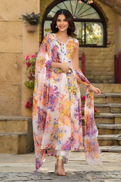 White & Multicolor Cotton Silk Floral Printed Anarkali Set