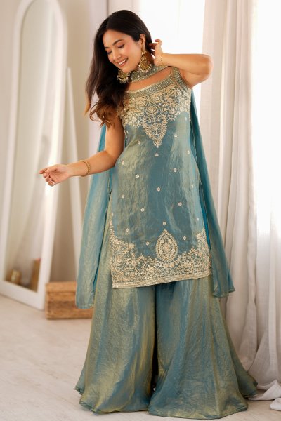Soft Blue Silk Embroidered Sharara Kurta Set