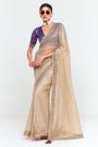 Light Beige Tissue Silk Embroidered Saree With Printed & Embroidered Blouse