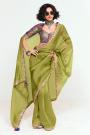 Kiwi Green Tissue Silk Embroidered Saree With Printed & Embroidered Blouse