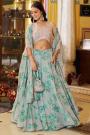 Mint Georgette Printed And Embroidered Lehenga And Top With Cape And Potli Bag