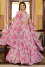 Grey And Pink Georgette Printed And Embroidered Lehenga And Top With Cape And Potli Bag